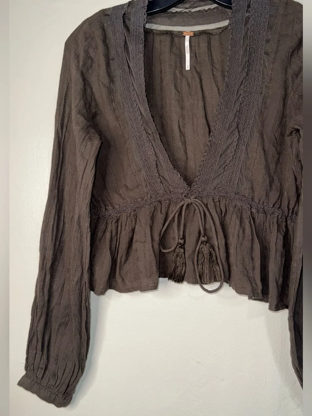 Free People Chocolate Brown V-Neck Peasant Blouse with Tassel Tie